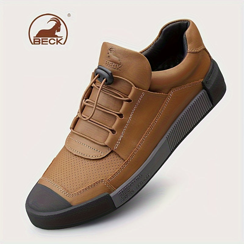 BECK Men's Genuine Leather Lace-Up Shoes - Full-Grain Cowhide Upper, Pigskin & Rubber Sole, Low-Top Round Toe Casual & s, Breathable Brown/Beige Traction Tread for Office, Streetwear (Comfortable All-Season) - Beige