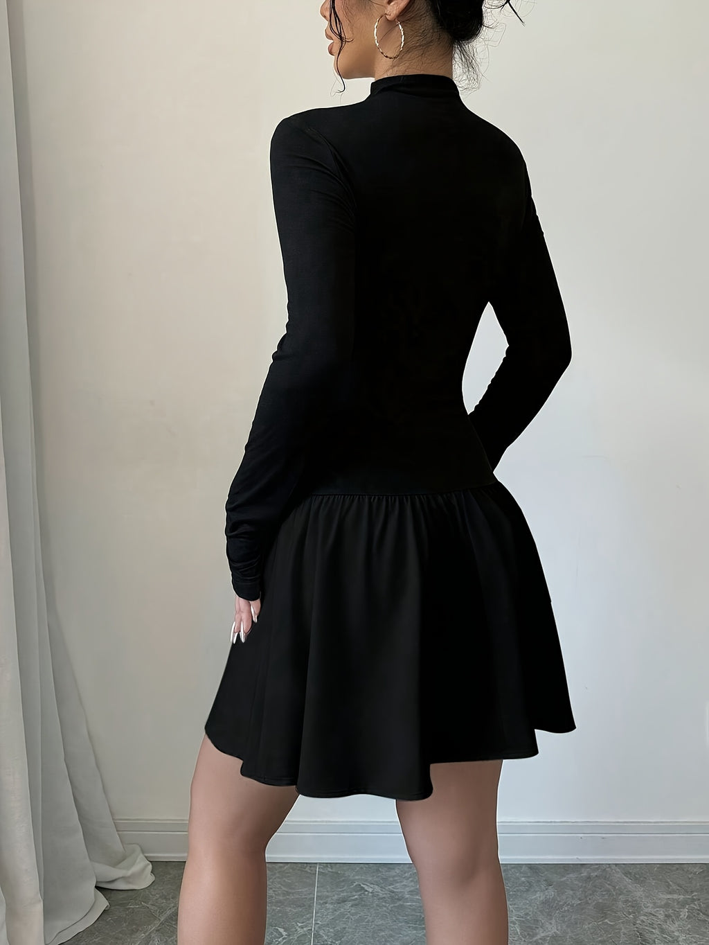 Elegant A-Line Dress - Solid Color High-Neck Slim Fit Winter Dress with Machine Washable Fabric, Party Wedding Commute Dress, Moderate Stretch A-Line Silhouette for Fall Winter Attire