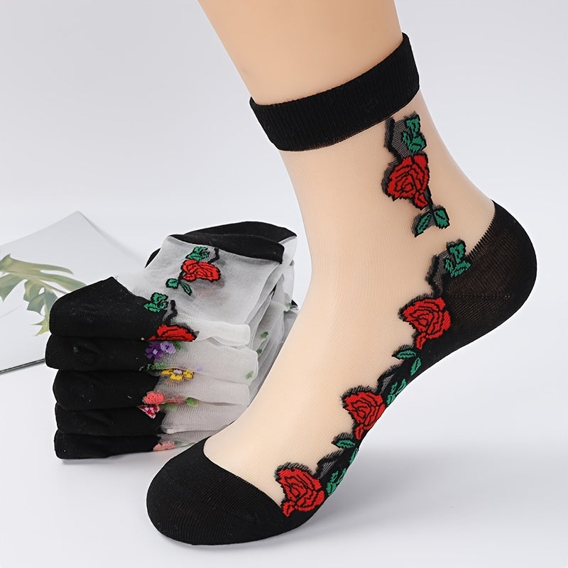 [5 Pairs Crystal Socks] 5 Pairs Thin Glass Jacquard Crystal Ice Slick Fiber Women's Socks