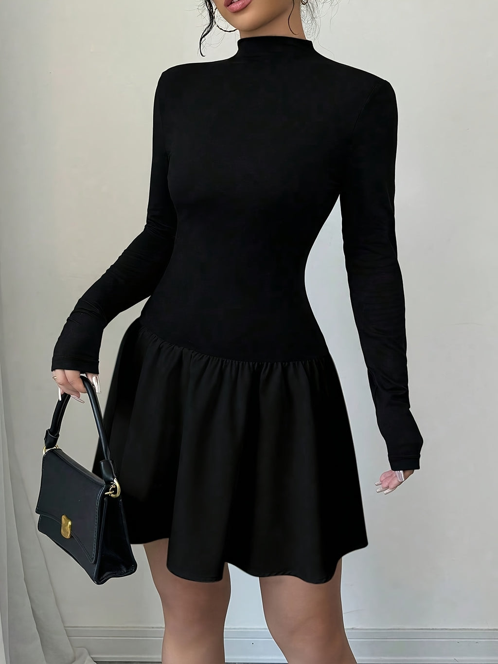 Elegant A-Line Dress - Solid Color High-Neck Slim Fit Winter Dress with Machine Washable Fabric, Party Wedding Commute Dress, Moderate Stretch A-Line Silhouette for Fall Winter Attire