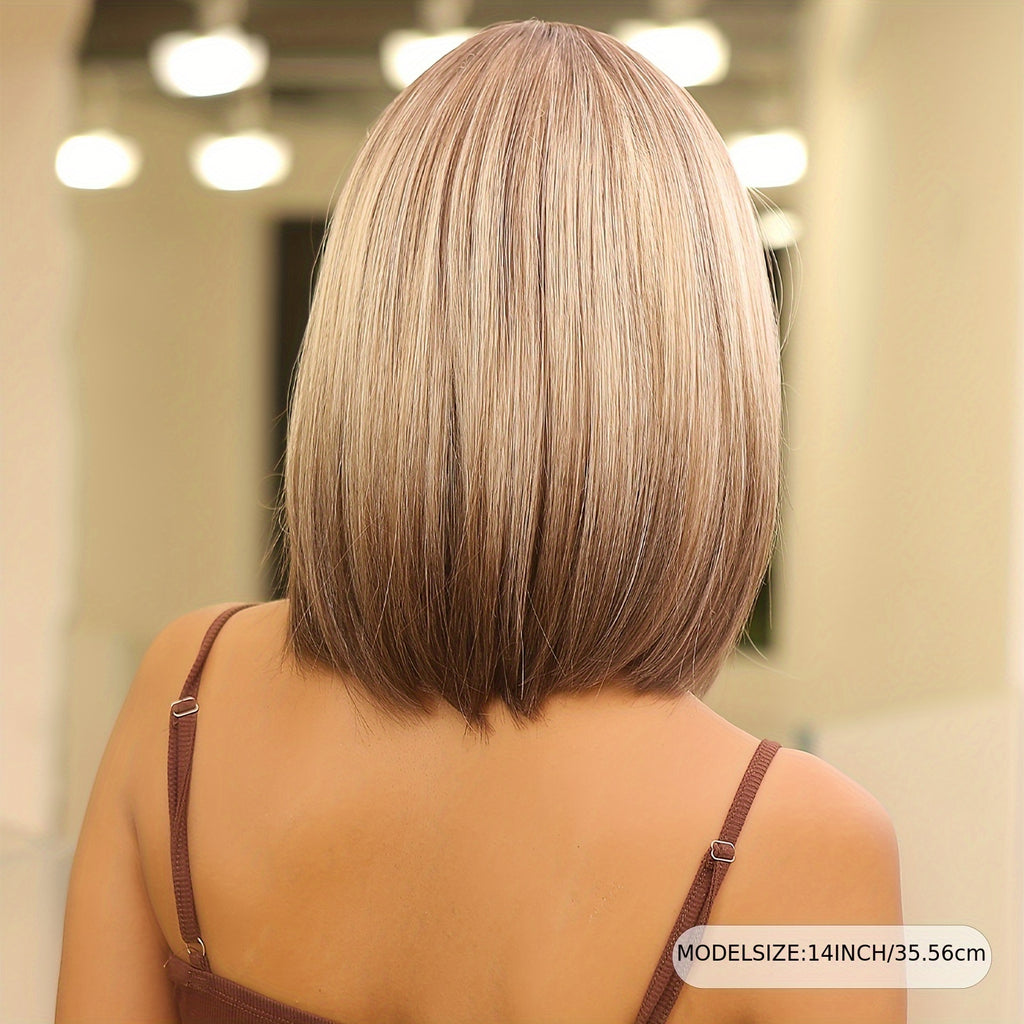 Elegant 14 inch Gray Ombre Brown Bob Wig for Women with Bangs, Shoulder Length Straight Hair Wig, High Temperature Fiber, Rose Net Cap, Natural Look
