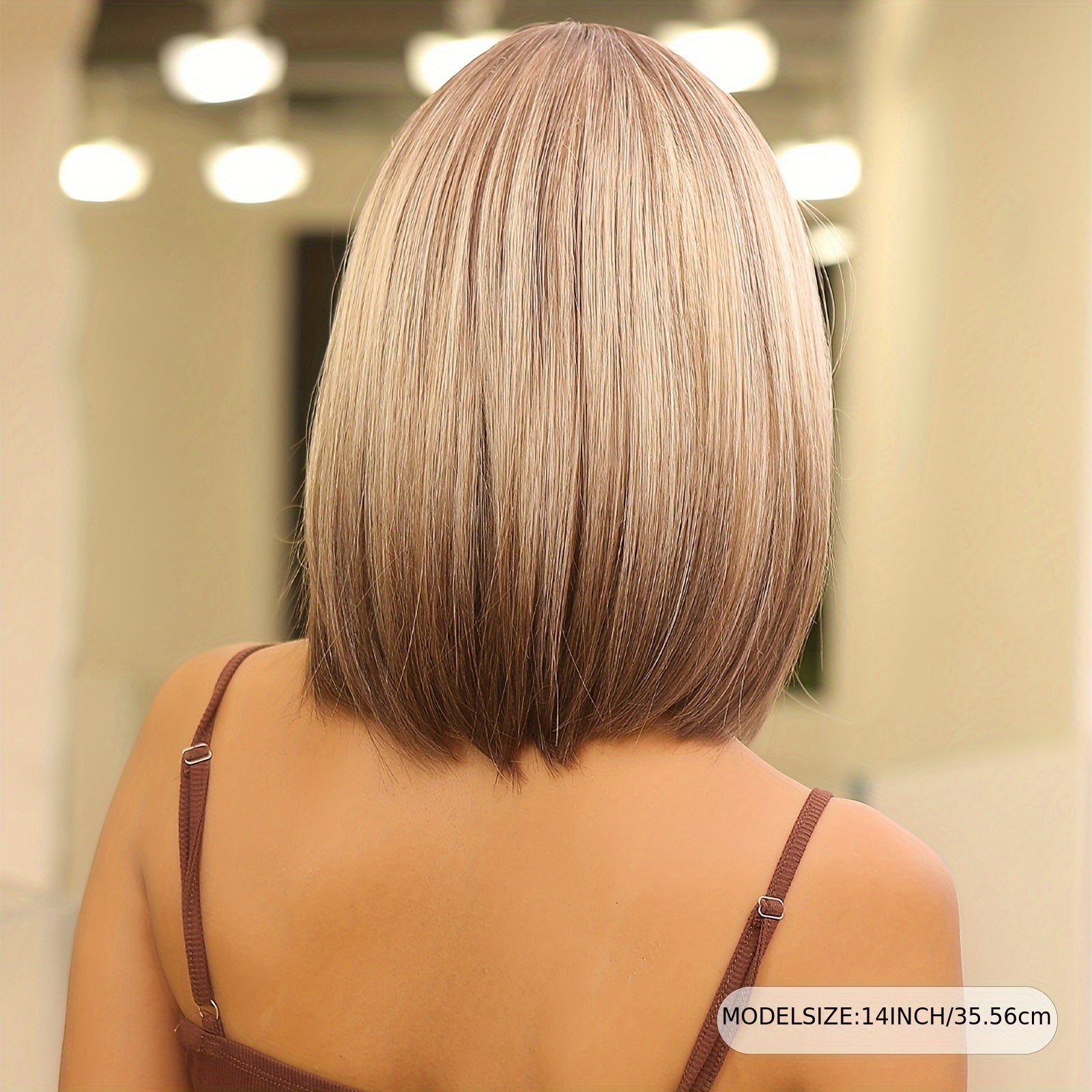 Elegant 14 inch Gray Ombre Brown Bob Wig for Women with Bangs, Shoulder Length Straight Hair Wig, High Temperature Fiber, Rose Net Cap, Natural Look