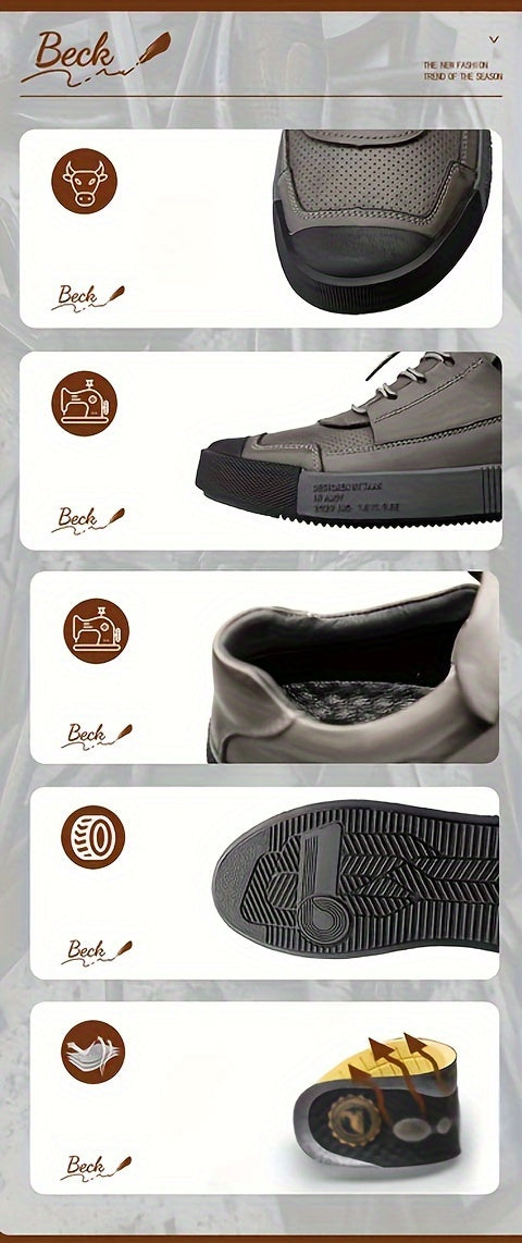 BECK Men's Genuine Leather Lace-Up Shoes - Full-Grain Cowhide Upper, Pigskin & Rubber Sole, Low-Top Round Toe Casual & s, Breathable Brown/Beige Traction Tread for Office, Streetwear (Comfortable All-Season) - Beige