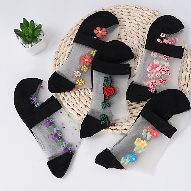 [5 Pairs Crystal Socks] 5 Pairs Thin Glass Jacquard Crystal Ice Slick Fiber Women's Socks