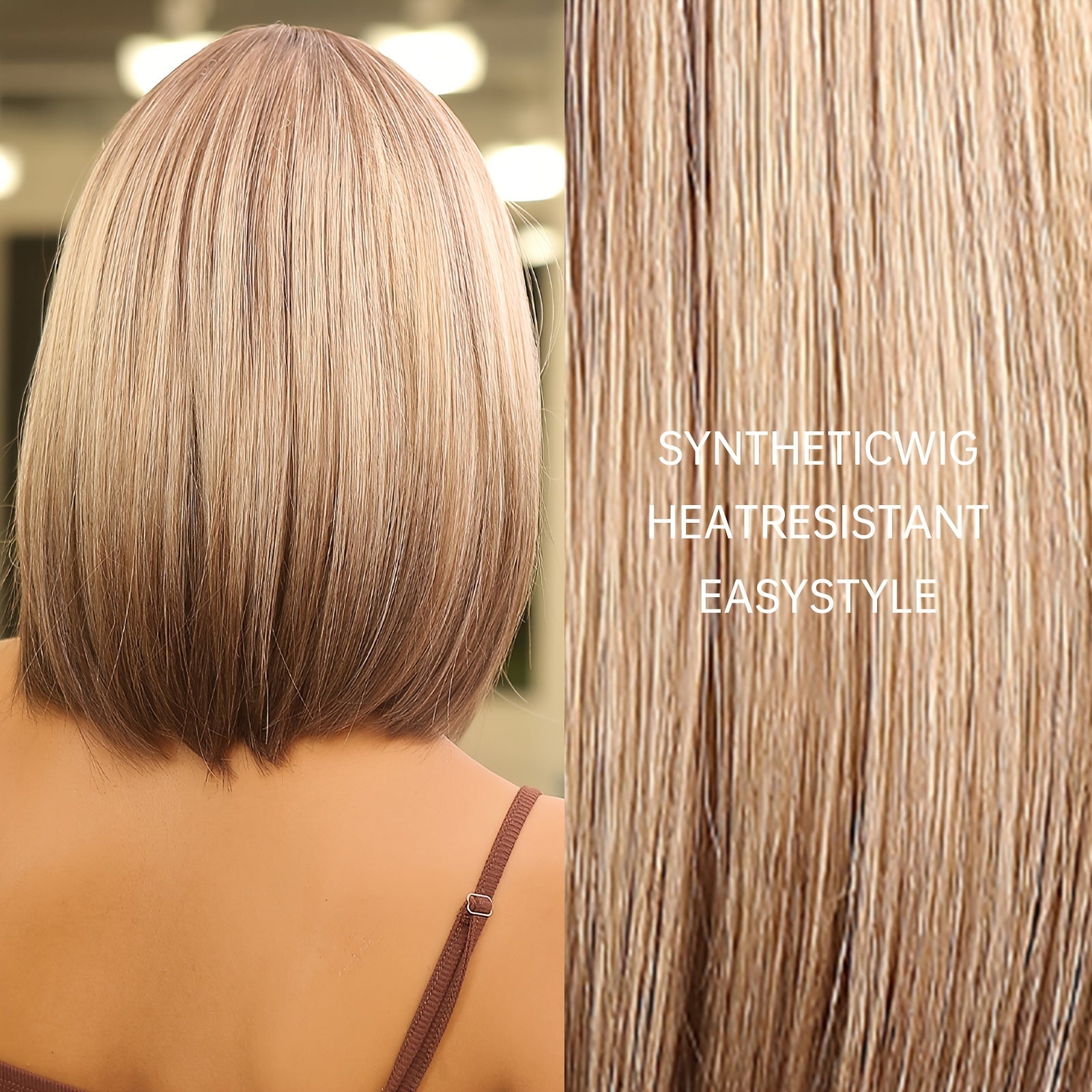 Elegant 14 inch Gray Ombre Brown Bob Wig for Women with Bangs, Shoulder Length Straight Hair Wig, High Temperature Fiber, Rose Net Cap, Natural Look