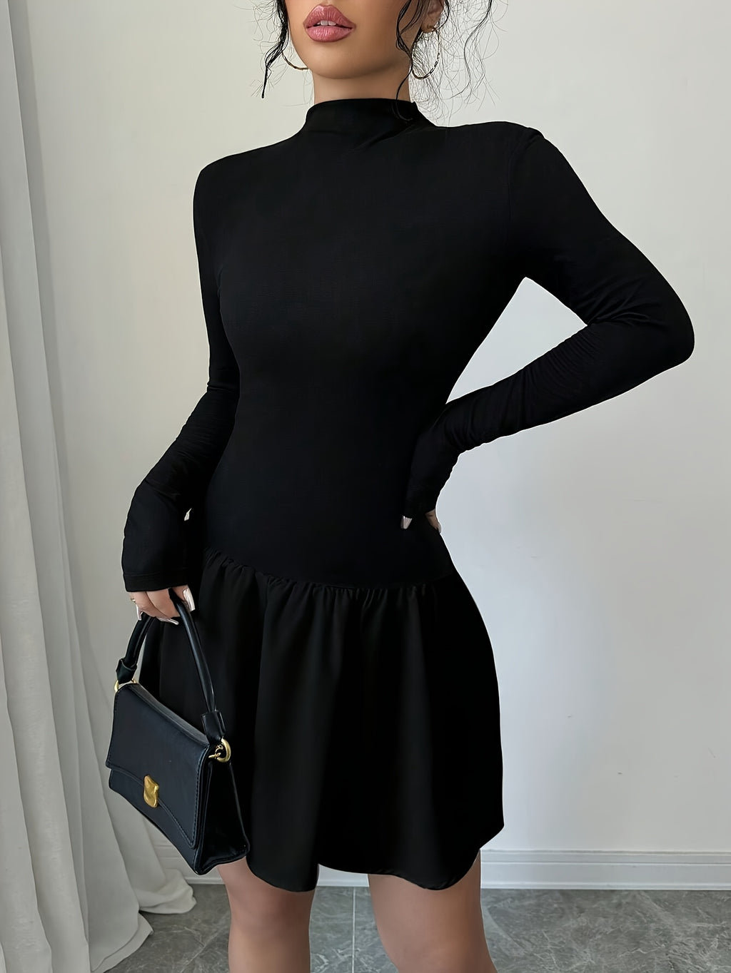 Elegant A-Line Dress - Solid Color High-Neck Slim Fit Winter Dress with Machine Washable Fabric, Party Wedding Commute Dress, Moderate Stretch A-Line Silhouette for Fall Winter Attire