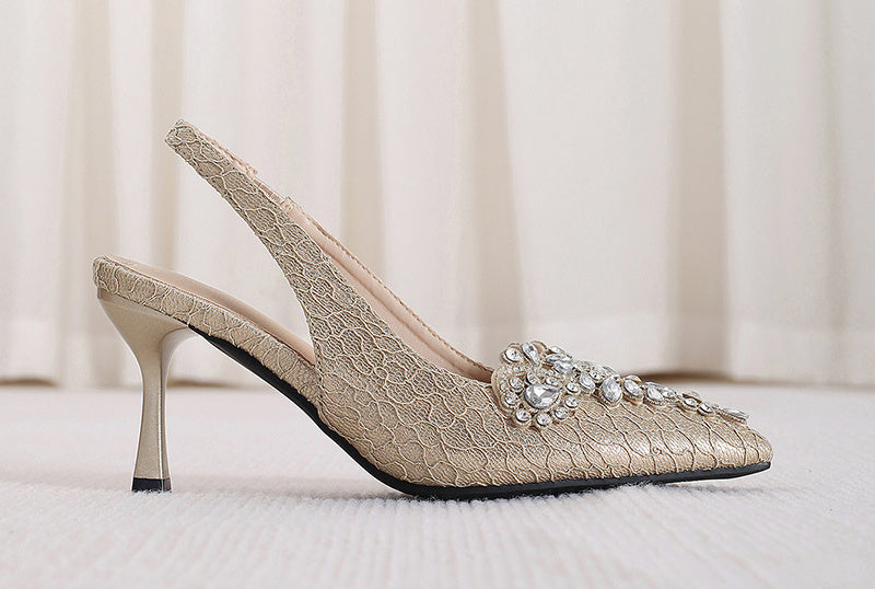 Women'S Rhinestone-Embellished Pointed-Toe Stiletto Heel Pumps - Glamorous Striped Fabric Upper with Adjustable Ankle Straps & Sparkling Embellishments, PU Sole for Spring Formal Events, High Heel Shoes, Formal Footwear, Glam