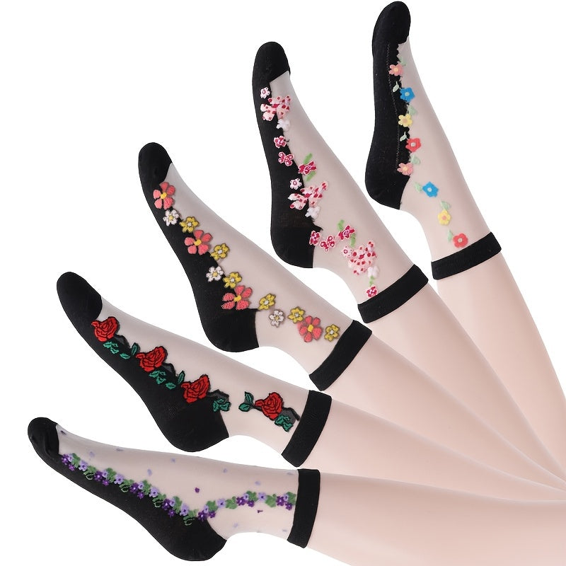 [5 Pairs Crystal Socks] 5 Pairs Thin Glass Jacquard Crystal Ice Slick Fiber Women's Socks