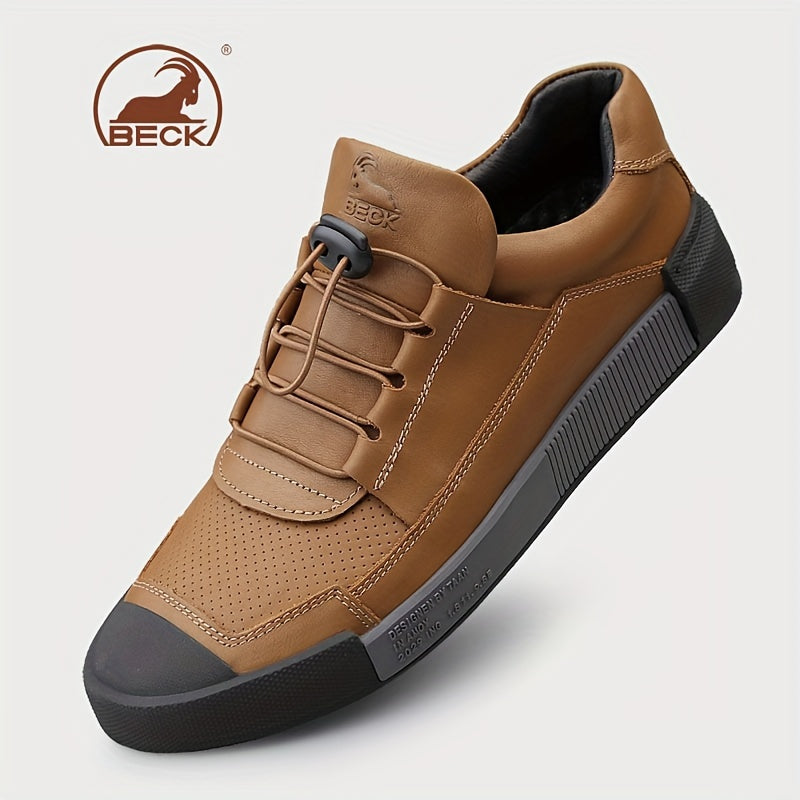 BECK Men's Genuine Leather Lace-Up Shoes - Full-Grain Cowhide Upper, Pigskin & Rubber Sole, Low-Top Round Toe Casual & s, Breathable Brown/Beige Traction Tread for Office, Streetwear (Comfortable All-Season) - Beige