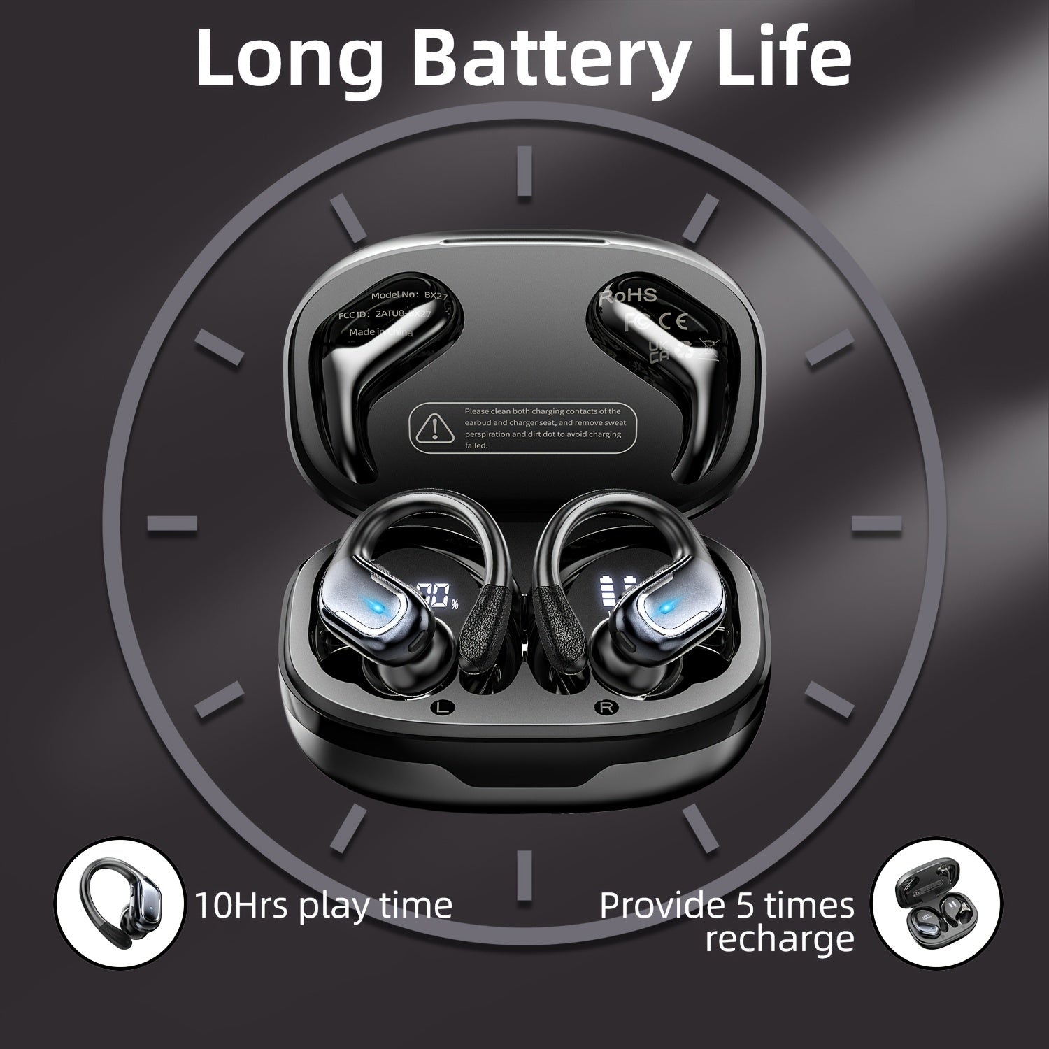 [Pure Bass Sound] LIFEBEE Wireless Earbuds | Earphones with Earhooks | Pure Bass Sound | ENC Noise Cancelling | Dual-LED Display | Built-in Microphone